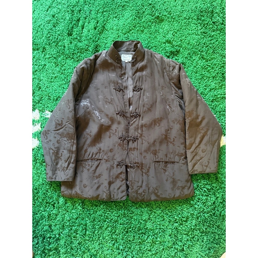 Double Horse Silk Jacket Womens XL Brown Excellent Frog Button Dragon Phoenix